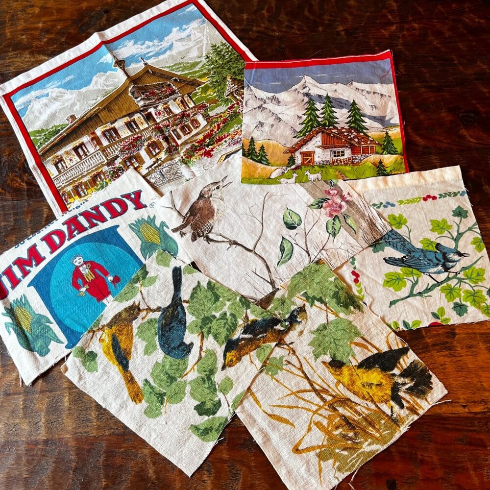 Vintage Fabric Squares For Crafting  Alps Chalet & Jim Dandy Birds Prints